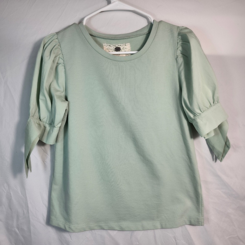 Cupio Blush Puff Sleeve Top Womens S Sage Green Excellent Mixed Media Tie Cuff